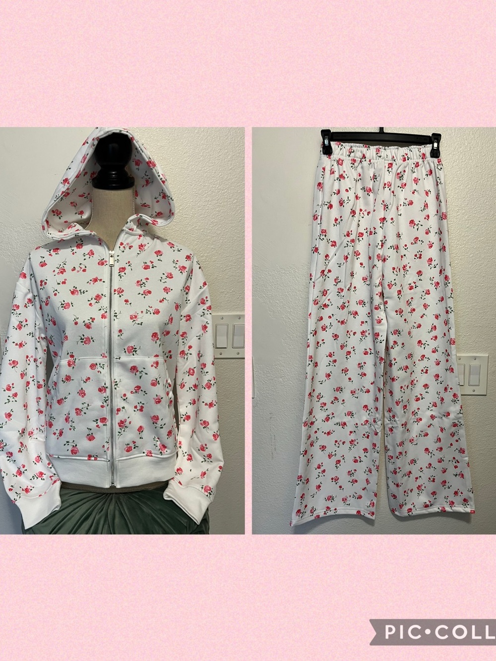 Fashion Nova White Wide Leg Pants with Pink Floral Print